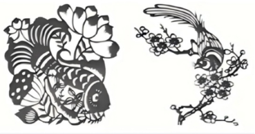 左幅剪纸为莲花和鱼;右幅为喜鹊停在梅花枝上。