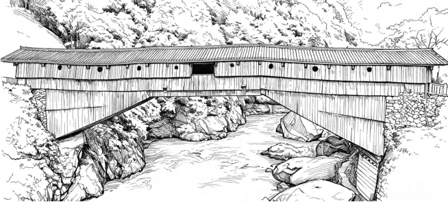跨越溪谷的有顶廊桥,连续屋顶覆盖桥面,桥体横跨两侧山岩。